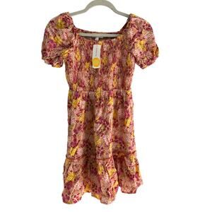 NWT Stitch Fix Sunset West Dress size M Orange Multi Floral Smocked Ruffle Hem